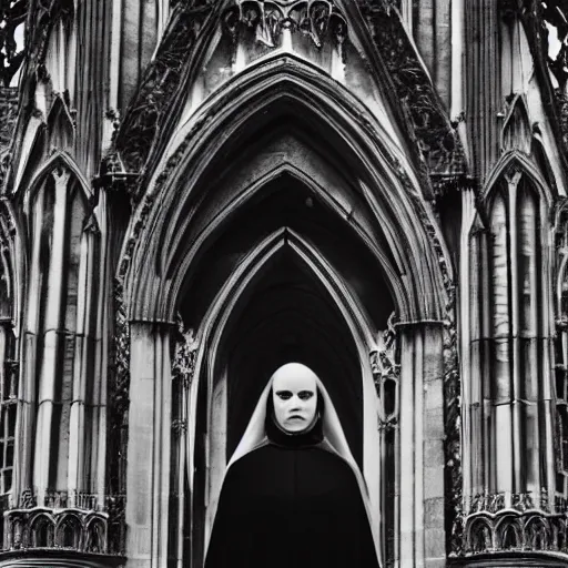 Image similar to black and white movie shot, landcape, architectural shot, no decaying lines, background of an alabaster gothic cathedral, with long ephimeral windows with reflection of flames, as subject a gothic woman with an intricate arabesque detailed black dressed, macro head face