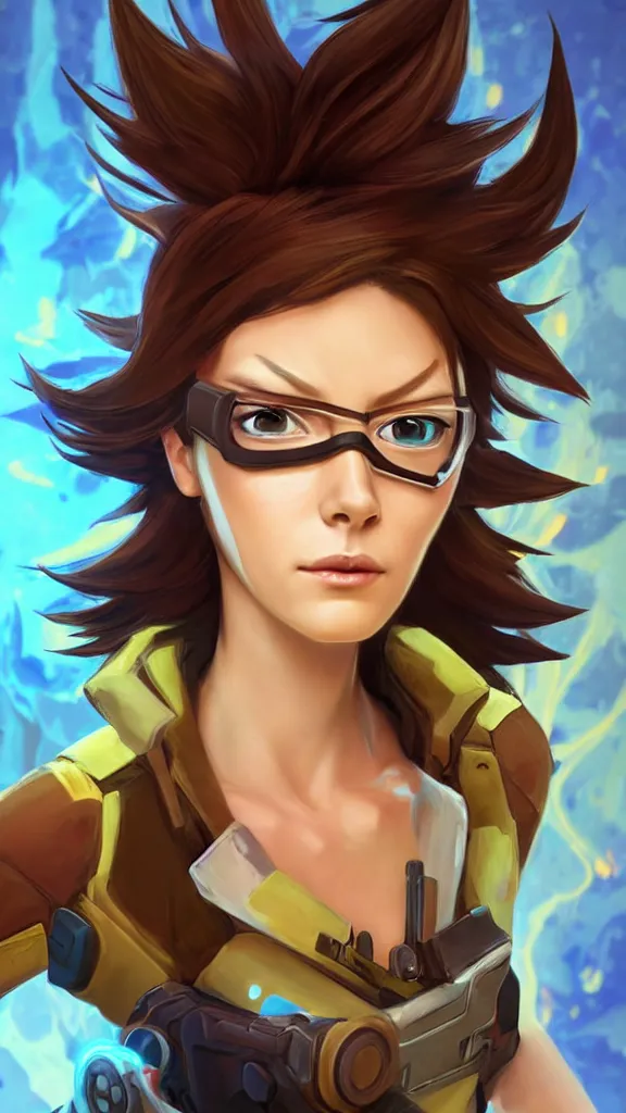 Prompt: high quality digital art portrait of Tracer (video game character from Overwatch) digital video game character art Rick and Morty Style, Rachel Bilson symmetrical and clearly painted face, beautiful, studio lighting art by Mikhail Vrubel, Charlie Bowater, Alphonse Mucha, Monia Merlo