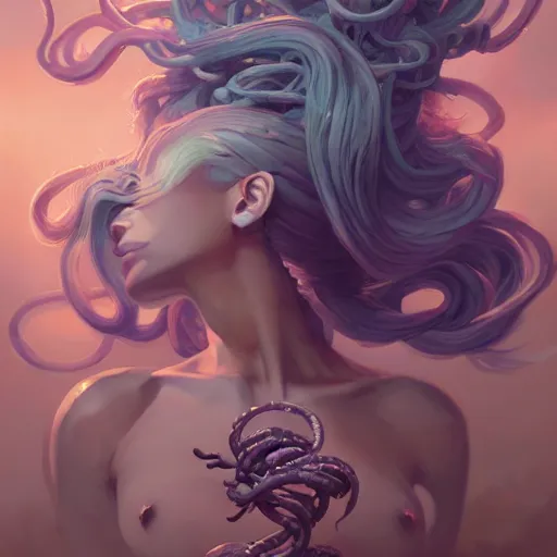 Image similar to a beautiful portrait of medusa, concept art by pete mohrbacher and guweiz and ilya kuvshinov, digital art, highly detailed, intricate, sharp focus, trending on artstation hq, deviantart, unreal engine 5, 4 k uhd image