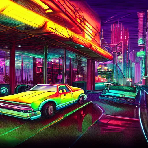 Prompt: car in cyperpunk city, wide - angle, neon, digital art