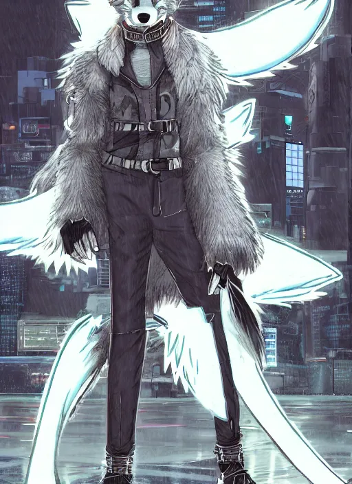 Image similar to character portrait of a male anthro wolf fursona with a tail and a cute beautiful attractive detailed furry face wearing stylish cyberpunk clothes in a cyberpunk city at night while it rains. hidari, color page, tankoban, 4K, tone mapping, Akihiko Yoshida.