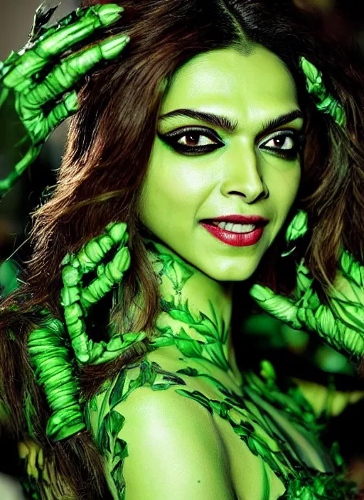 Prompt: A beautiful portrait of Deepika Padukone as Poison Ivy from Batman as a Versace fashion model Spring/Summer 2012, highly detailed, in the style of cinematic, Getty images, Milan fashion week backstage, Makeup by Pat McGrath, Greg rutkowski