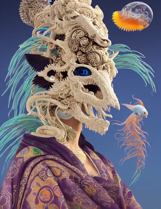 Image similar to 3 d goddess close - up profile solarpunk portrait ram skull. beautiful intricately detailed japanese crow kitsune mask and clasical japanese kimono. betta fish, jellyfish phoenix, bio luminescent, plasma, ice, water, wind, creature, artwork by tooth wu and wlop and beeple and greg rutkowski