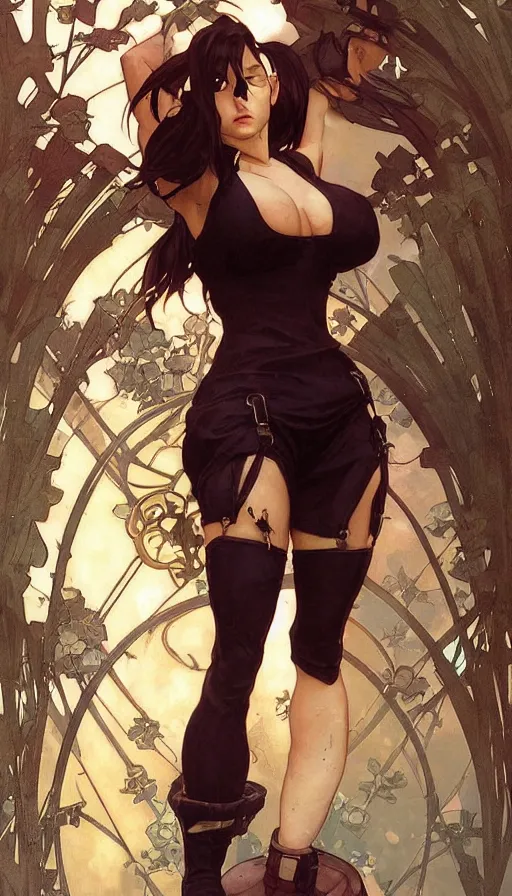 Image similar to tifa lockhart in a cute pinup pose by artgerm, greg rutkowski and alphonse mucha, concept art, matte, intricate, full body, epic composition