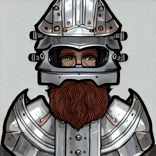 Prompt: An old man with a ginger beard, wearing knights armour and a fire fighters helmet, highly detailed, digital art, sharp focus, trending on art station, anime art style