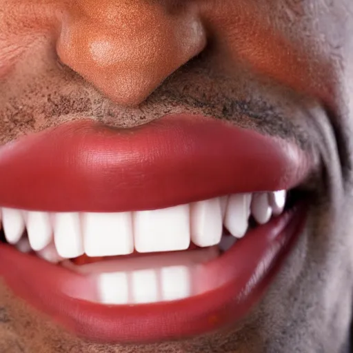 Prompt: Closeup of a man with mouths instead of eyes grinning at the camera