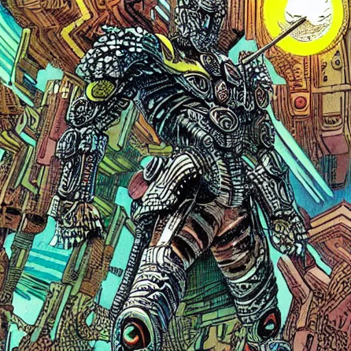 Image similar to wide scene, armored sci - fi god of destructuion manifests floating in midair, art by philippe druillet