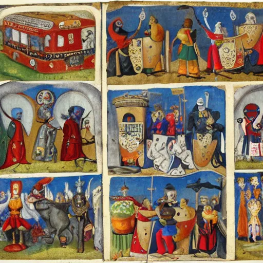 Image similar to medieval bus carrying jesters, collage