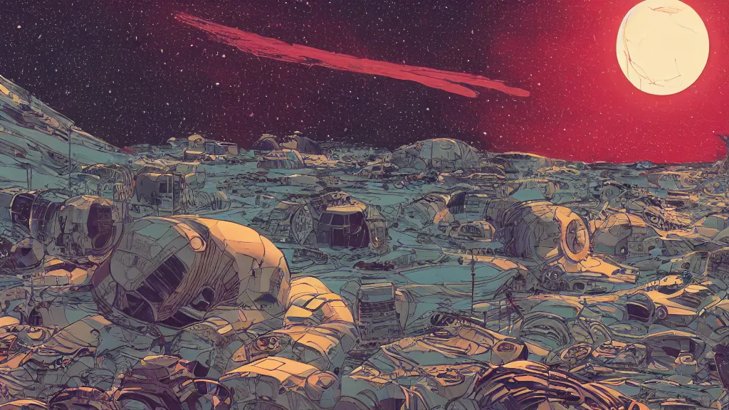 Prompt: very detailed, prophet graphic novel, ilya kuvshinov, mcbess, rutkowski, simon roy, illustration of a space junk floating around a dead planet, wide shot, colorful, deep shadows, astrophotography