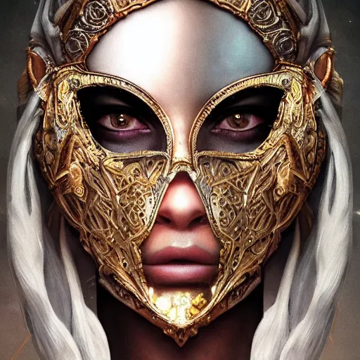 Image similar to Very very very very highly detailed epic photo of face with venetian mask, intricate, dystopian, sci-fi, extremely detailed, digital painting, artstation, concept art, smooth, sharp focus, illustration, intimidating lighting, incredible art by Artgerm