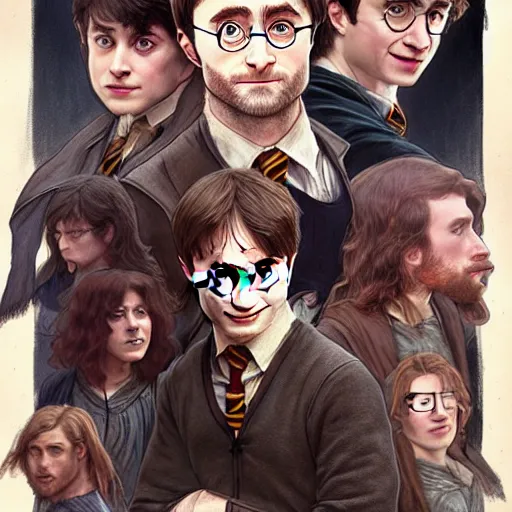 Image similar to A group photo of the Harry Potter cast but it's all Daniel Radcliffe, western, D&D, fantasy, intricate, elegant, highly detailed, digital painting, artstation, concept art, matte, sharp focus, illustration, art by Artgerm and Greg Rutkowski and Alphonse Mucha