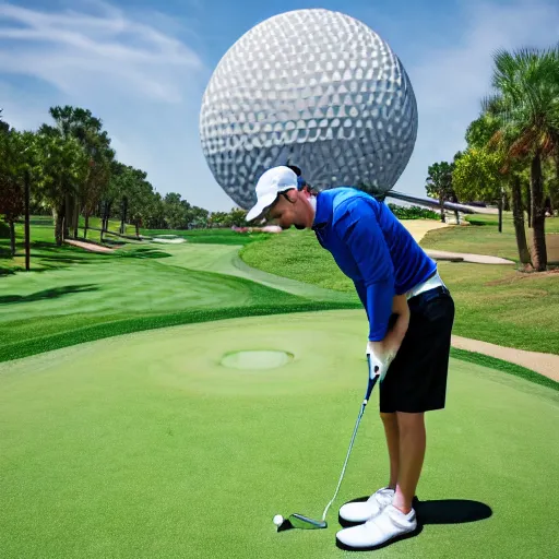 Image similar to playing golf using epcot as the ball in real life, highly detailed, extremely high resolution, ultra realistic