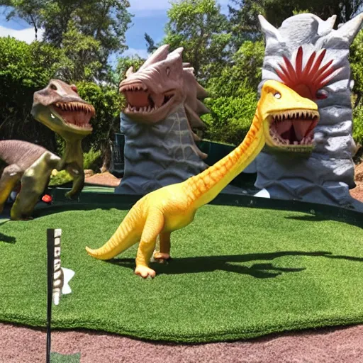 Prompt: dinosaur mini golf, mini put, golf, dinosaurs