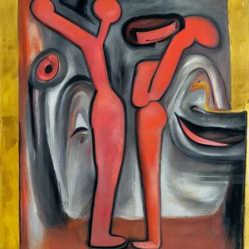 Image similar to Oil painting by Roberto Matta. Two mechanical gods kissing. Oil painting by Marlene Dumas.