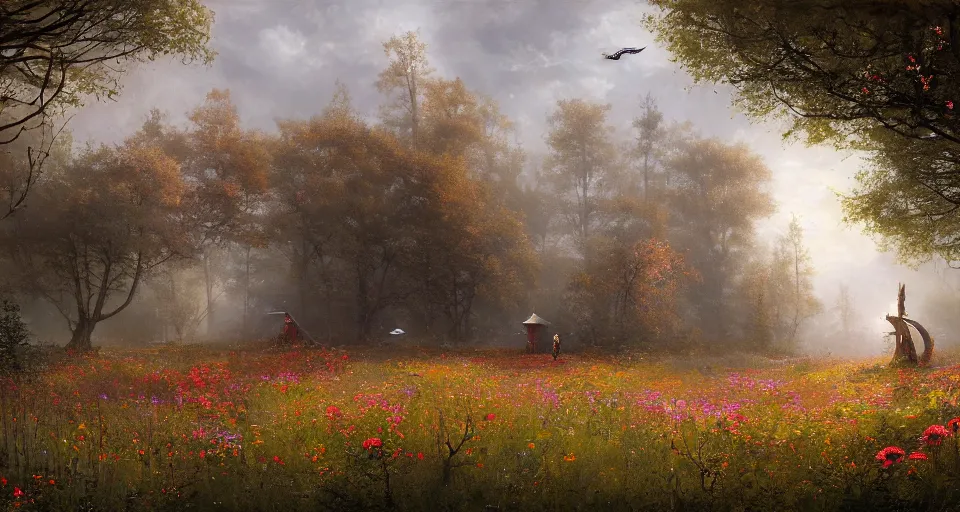 Prompt: Enchanted and magic forest full of wild flowers, space ship landing by JAKUB ROZALSKI