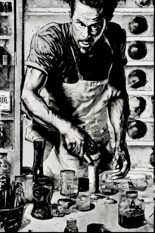 Prompt: Tyler Durden making soap painted by Norman Rockwell