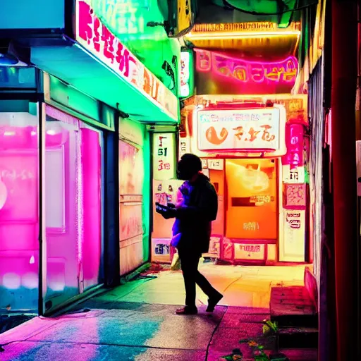 Image similar to capybara drinking bubble tea in cyberpunk, neon, pink and cyan seoul, detailed, street photography