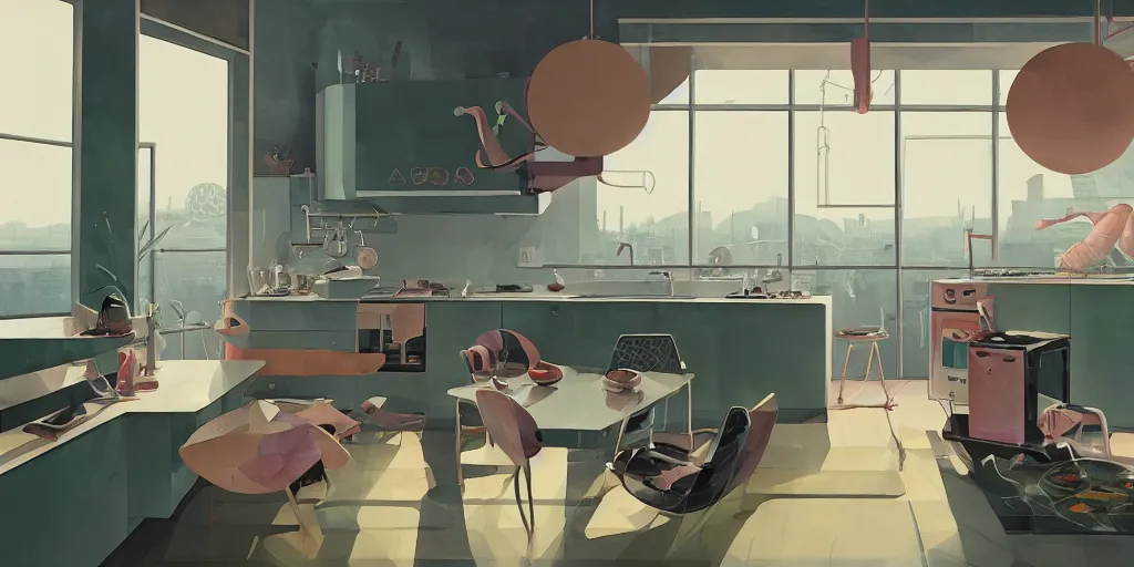 Image similar to a beautiful illustration of futuristic kitchen, lots of furniture, big medium small, sacred geometry, golden ratio, in watercolor gouache detailed paintings, in style of syd mead, trending on artstation, 8 k, panel, hard surface, wallpaper, zaha hadid, scattered props, plant, cozy, decoration, simon stalenhag, wes anderson, cyberpunk, insanely detailed