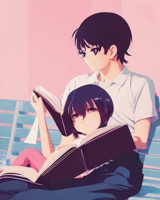 Image similar to cute girl reading book with her boyfriend, shy emotion. | very very anime!!!, fine - face, audrey plaza, realistic shaded perfect face, fine details. anime. very strong realistic shaded lighting poster by ilya kuvshinov katsuhiro otomo ghost, magali villeneuve, artgerm, jeremy lipkin and michael garmash and rob rey