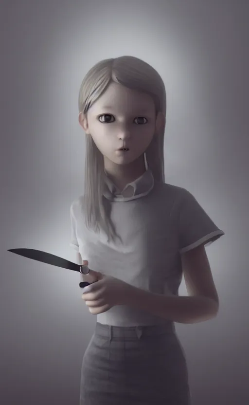 Image similar to school girl holding a knife, gloomy and foggy atmosphere, octane render, artstation trending, horror scene, highly detailded