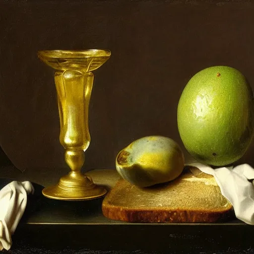 Image similar to still life by willem claesz heda, avocados, chalice, fly, linen, bread