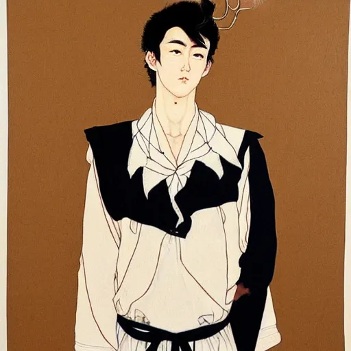 Image similar to painting of grumpy handsome beautiful man in his 2 0 s named min - jun in a french maid outfit, modern clothing, elegant, clear, painting, stylized, delicate facial features, soft, art, art by takato yamamoto and egon schiele combined