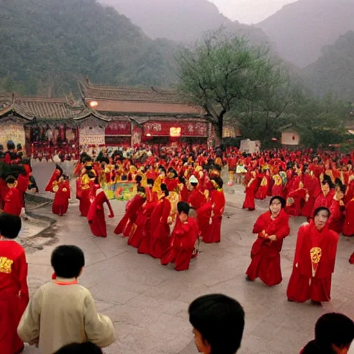 Prompt: Chinese new year gathering in a small village near Hangzhou in the early 2000s