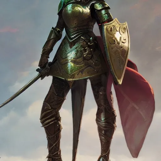 Image similar to full body portrait of a proud young female knight in heavy fantasy armour by Lorenzo Nuti and Craig Mullins, medium length hair, green eyes, earrings, highly detailed, trending on artstation, cgsociety , 4k, 8k, HDR, octane render, unreal engine,