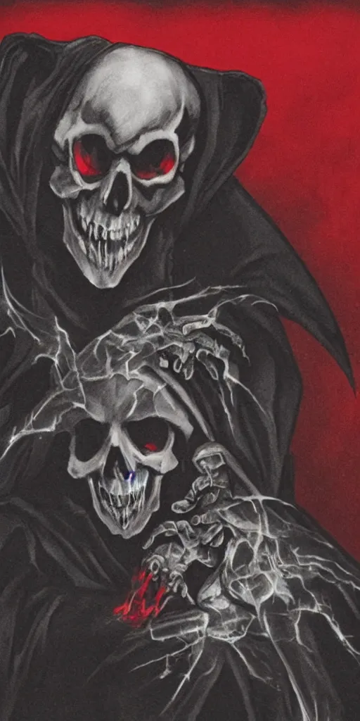 Image similar to a ghostly rat with skull face and glowing red eyes wearing black tattered robes and holding two blue flames