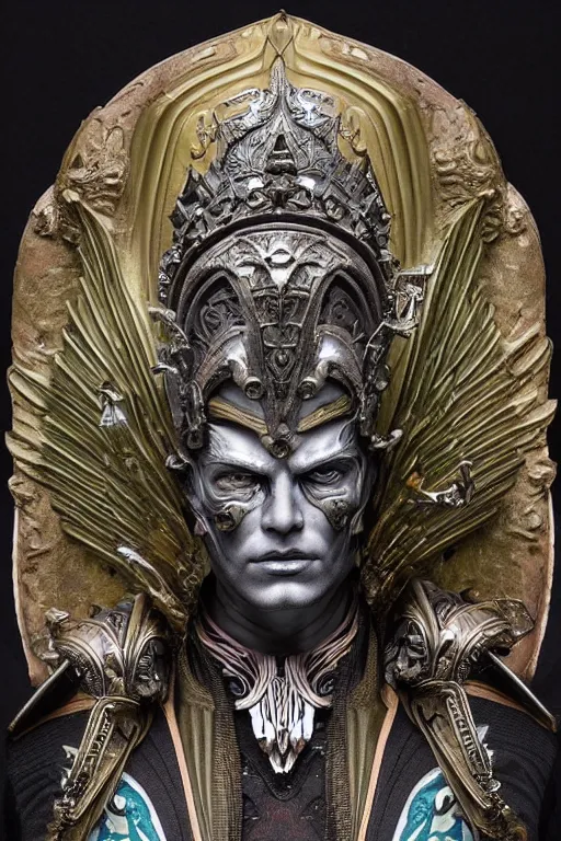 Prompt: a dramatic full-color art nouveau and ironpunk styled bust portrait of a godlike and stoic alien king, with strong judging eyes, extremely detailed, art nouveau cybenetic engraved armor and intricately detailed angel-winged crown of cosmic power, perfectly symmetrical facial structure and framework, handsome yet brutal alien facial features of ancient swarth, by simon bisley, michael kaluta and travis charest, dark sci-fantasy, deeply ornate complexity, male face and bust, human anatomy mixed with cosmic alien and cyborg characteristics, sci-fi character concept, photorealism, art nouveau framing, stunning lighting, hyperrealism, 8k