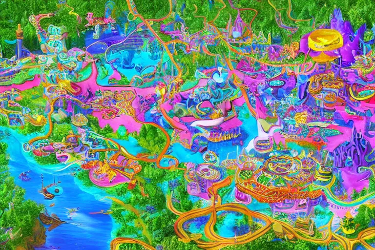 Image similar to Map of a psychedelic realm in the style of a theme park map highly detailed, full color, as painted by lisa frank and bob ross, unreal engine