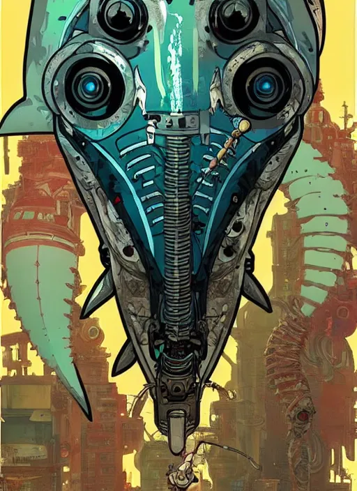 Image similar to biopunk shark mask link from fallout, portrait illustration, pop art, splash painting, art by geof darrow, ashley wood, alphonse mucha, makoto shinkai