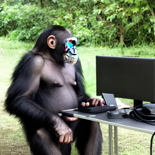 Image similar to a chimpanzee smiles with headphones on his head sits on a chair and looks at the computer holding the mouse, fujifilm