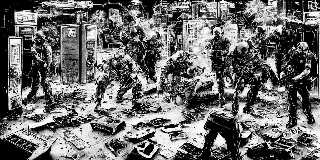 Image similar to 1992 Video Game Concept Art, Anime Neo-tokyo Cyborg bank robbers vs police, Set in Cyberpunk Bank Vault, bags of money, Multiplayer set-piece :9, Police officers hit by bullets, Police Calling for back up, Bullet Holes and Blood Splatter, :6 ,Hostages, Smoke Grenades, Large Caliber Sniper Fire, Chaos, Cyberpunk, Money, Anime Bullet VFX, Machine Gun Fire, Violent Gun Action, Shootout, Escape From Tarkov, Payday 2, Highly Detailed, 8k :7 by Katsuhiro Otomo + Studio Gainax : 8