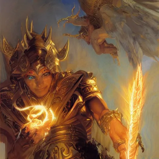 Image similar to attractive male deity casts light spell, summons attractive male lucifer morningstar. highly detailed painting by gaston bussiere, craig mullins, j. c. leyendecker 8 k