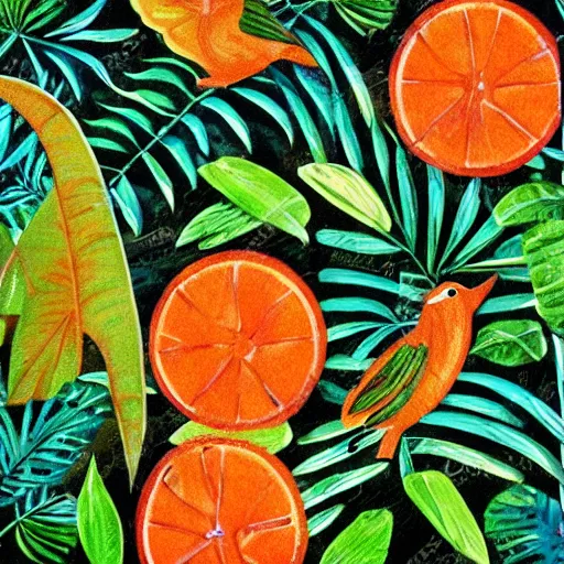 Prompt: mot mot bird in the rainforest with tropical leaves, in an art noveau style, with oranges, greens and pastels