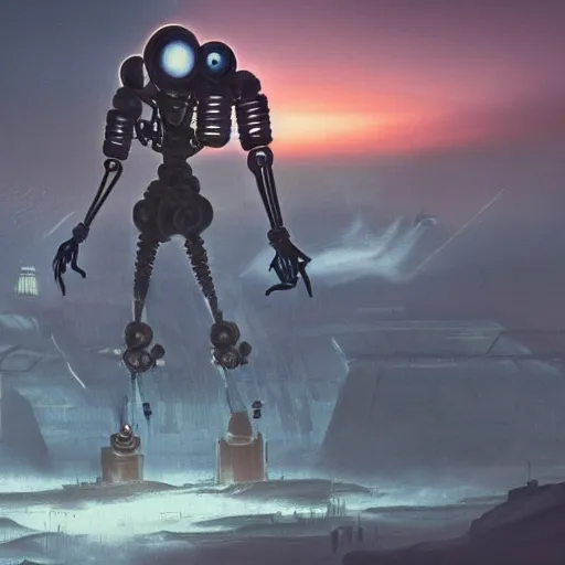 Image similar to a steampunk mech on an alien planet, at sunset with smog