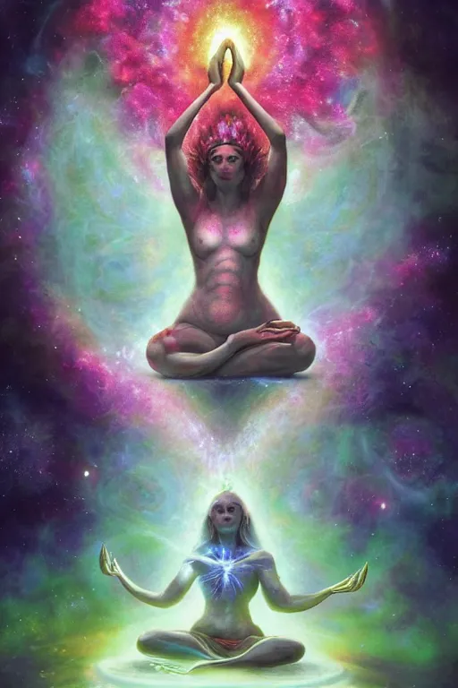 Image similar to A woman in maditation pose in a cosmic place to meditation about 12 petal heart chakra stellar meditations on flower of heart chakra stellar by Anita Kunz, Leonardo da Vinci, Peter Mohrbacher, Tomasz Jedruszek and Jakub Różalski, Trending on artstation. highlights 8k resolution unreal engine hiperrealistic neon glow darkness dramatic hdr dramatic flower neon stellar color scheme