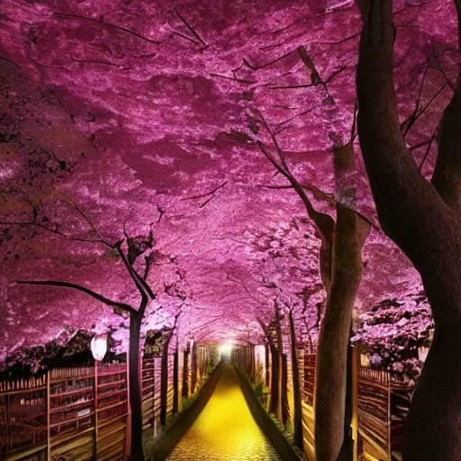 Image similar to photorealistic beautiful cherry blossom forest with paper lanterns illuminating the stone pathway. hyperdetailed photorealism, 1 0 8 megapixels, river, amazing depth, glowing rich colors, powerful imagery, psychedelic overtones, 3 d finalrender, 3 d shading, cinematic lighting, artstation concept art