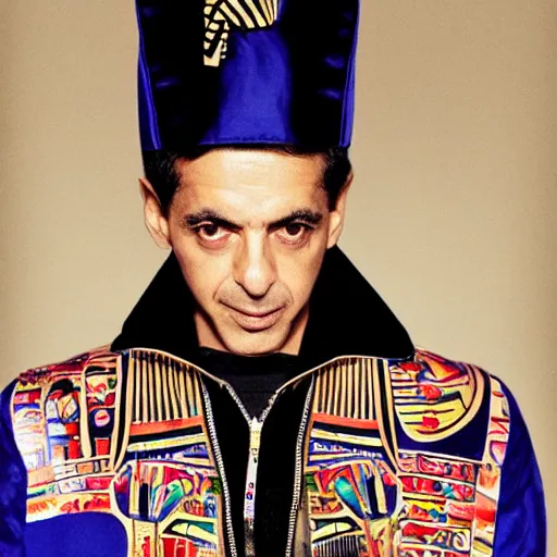 Prompt: A pharaoh wearing a varsity jacket, portrait, by Mario Testino, Stephane Sednaoui, Dario Argento