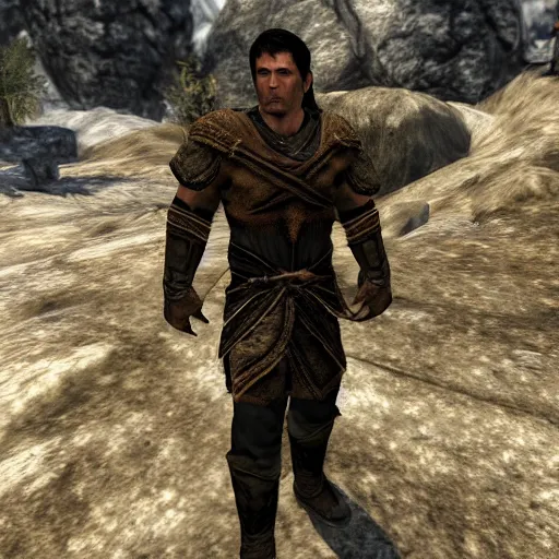 Prompt: character screenshot of chael sonnen, npc, skyrim, wilderness, 1 0 8 0 p, bokeh, elder scrolls v, detailed, dialog