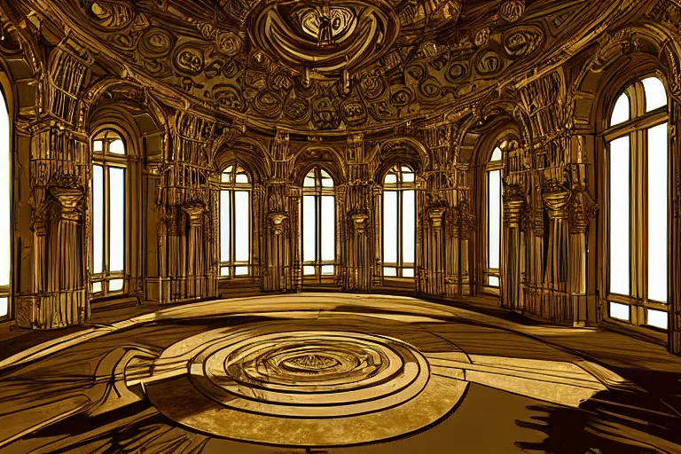 Image similar to opulent sci fi palace interior huge arched windows in the style of piranesi visionary art