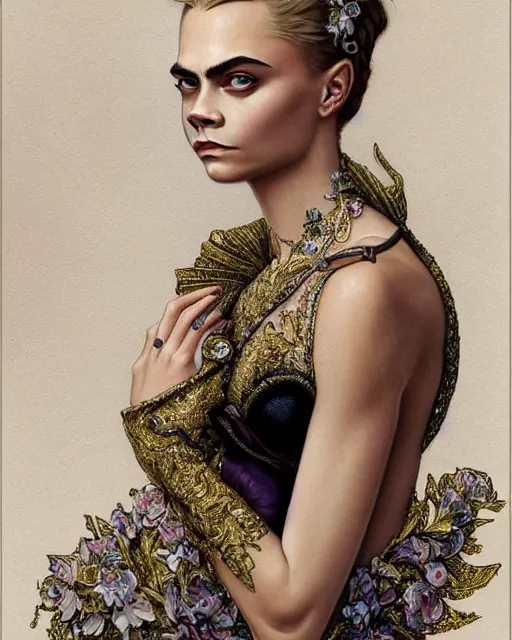 Image similar to portrait of cara delevingne wearing beautiful haute couture by Alexander McQueen, intricate, elegant, highly detailed, digital painting, artstation, concept art, smooth, sharp focus, illustration, art by artgerm and greg rutkowski and alphonse mucha