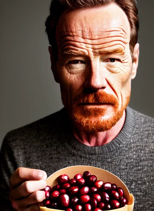 Prompt: bryan cranston eating cranberries, cranberry helmet, hamster cheeks, studio light, bloom, detailed face, magazine, press, photo, steve mccurry, david lazar, canon, nikon, focus