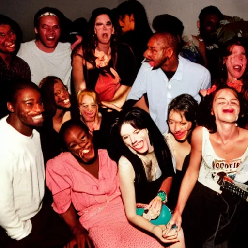 Image similar to photo of a bunch of people partying at a small house party. They are listening to snoop Dogg in the early 90's