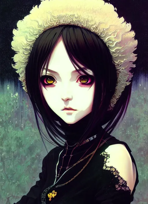 Image similar to portrait of beautiful young gothic anime maiden, cute-fine-face, pretty face, realistic shaded Perfect face, fine details. Anime, cyberpunk, Warhammer, highly detailed, artstation, illustration, art by Ilya Kuvshinov and Gustav Klimt