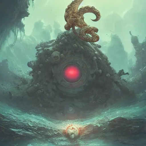 Image similar to Astronauts and some mythical animals are under the sea, they are swimming away from the giant kraken, the leviathan is behind hunting them, this is an extravagant planet with wacky wildlife, the background is full of ancient ruins, the ambient is dark with a terrifying atmosphere, by Jordan Grimmer digital art, trending on Artstation,
