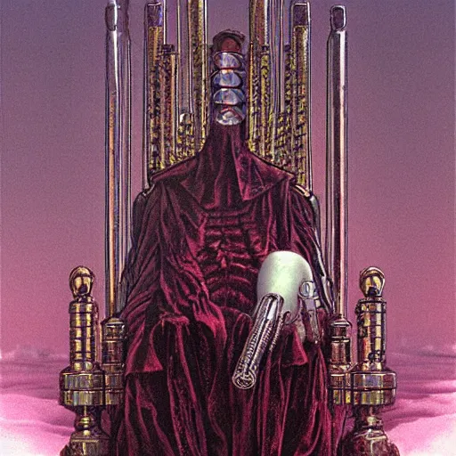 Image similar to a person sitting on a throne, wearing an oxygen mask with lots of tubes, dark, wayne barlowe