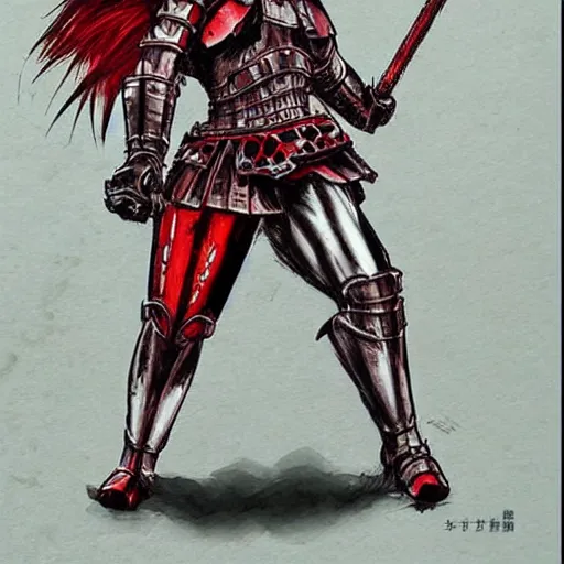 Prompt: female warrior, red hair, black armor, by takehiko inoue, ultra detailled, medieval, manga