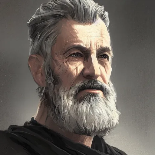 Image similar to portrait of a man by Greg Rutkowski, an old Jedi, short hair in military style, beard, wise and cool appearance, gray and black robes, Star Wars Expanded Universe, he is about 60 years old, highly detailed portrait, digital painting, artstation, concept art, smooth, sharp foccus ilustration, Artstation HQ